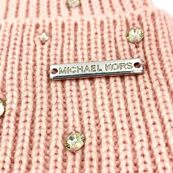 Michael Kors Crystal Embellished Logo Beanie Hat One Size Powder Blush Nwt $88 main image 6